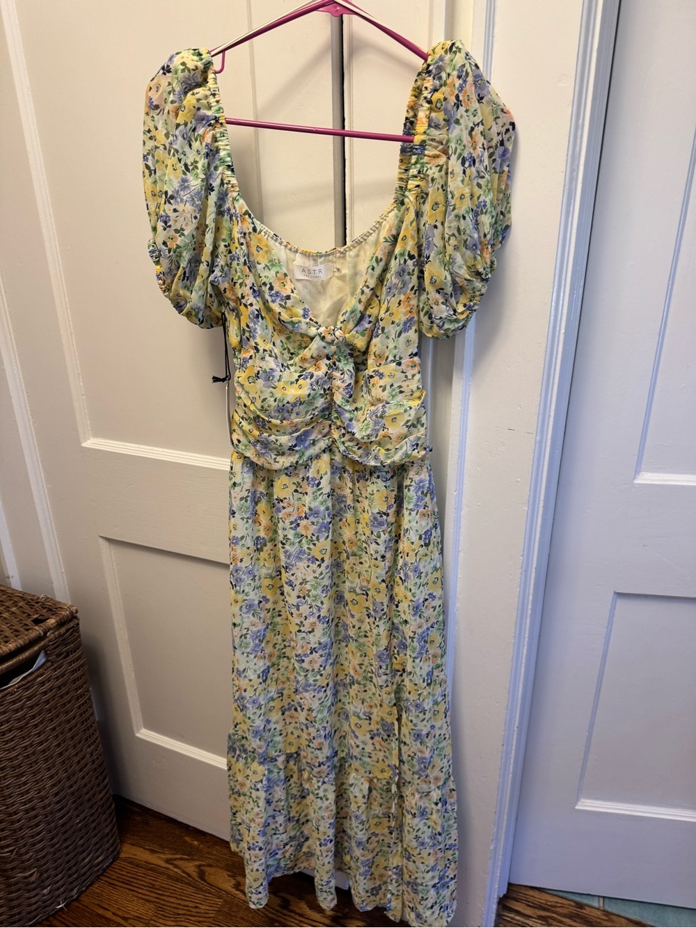 ASTR Yellow Floral Puff-Sleeve Maxi Dress with Blue & Green Accents